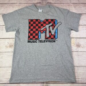MTV Music‎ Checkered Logo Grey Retro Tee Shirt Size Medium Delta Pro